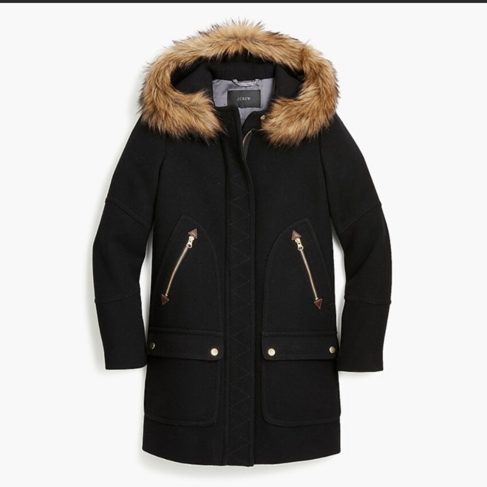 NWT Jcrew Chateau Coat Black Faux Fur Hood 0P